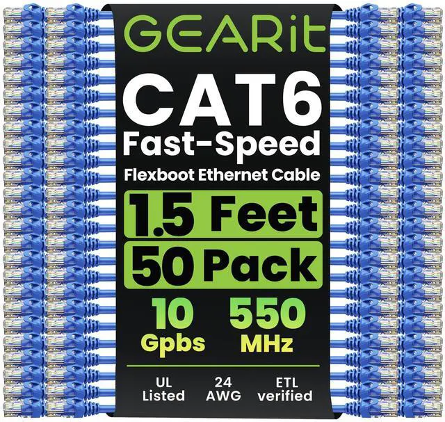 Main image of GEARit 50-Pack Cat6 Patch Cable 1.5 Feet / 18 Inches Cat 6 Ethernet Cable Snagless Flexible Soft Tab - Premium Series - Blue