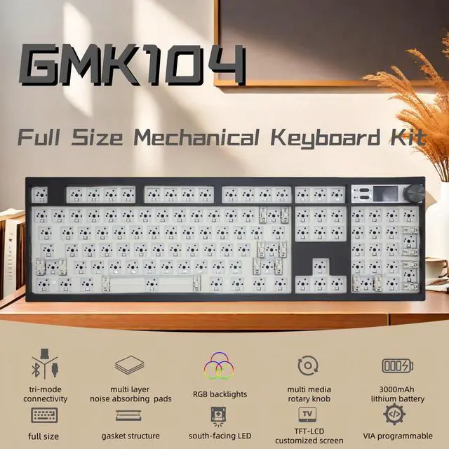 Alt view image 2 of 5 - Cmokifuly GMK104 Mechanical Keyboard Kit,Rotary Knob,TFT-LCD Screen,Hot-swap,Gasket Mounted,South-Facing RGB LED,VIA Programmable Full Size Barebones Keyboard Kit (Black)