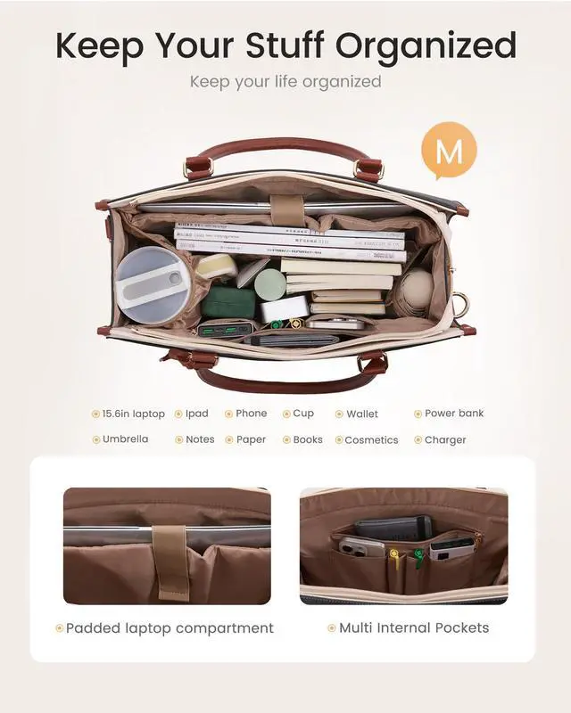 Alt view image 4 of 5 - LOVEVOOK Laptop Bag for Women 15.6 Inch, Waterproof Leather Tote Purse with Cup Holder & Elegant Clutch, Multi Pocket Large Capacity Work Briefcase for Office Travel, Black-Beige-Brown