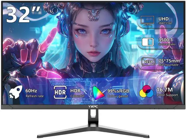 Main image of YXPC 32 inch 4K Gaming Computer Monitor UHD 3840 x 2160, 60hz,VA Panel, 3500:1,AMD FreeSync Premium, 99% sRGB,HDMI, Display Port, Eye Saver/Flicker Free Mode, Compatible with Wall mounting 75 x 75MM