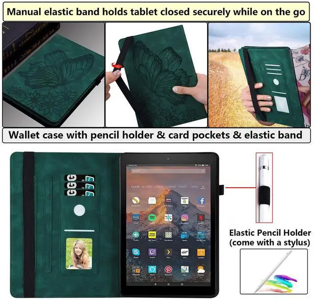 Alt view image 3 of 3 - UUcovers Fire HD 10 2019/2017/2015 Case 9th/7th/5th Generation 10.1", Slim Folio Stand Wallet with Pencil Holder Elastic Band [Auto Sleep/Wake] Embossed PU Leather Cover, Flower Butterfly Green