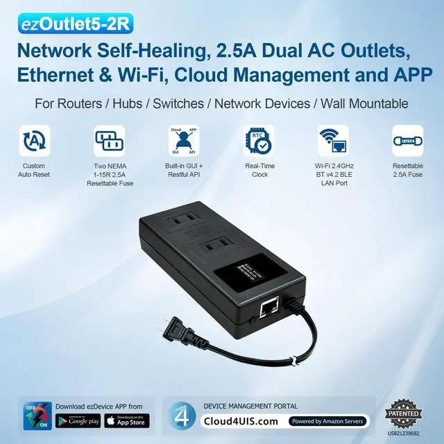 Alt view image 2 of 5 - ezOutlet5-2R Smart Power Reset Device with Auto-Reset, 2 NEMA Sockets 2.5A, Wi-Fi & Bluetooth & App Controllable via LAN/Cloud, Router Rebooter, Remote Scheduling for Network Devices.