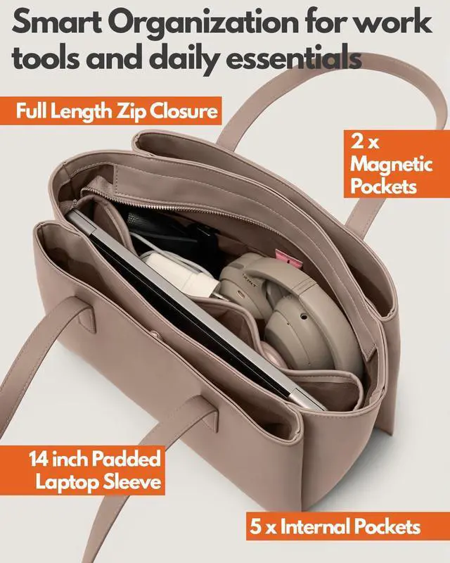 Alt view image 3 of 5 - Work Tote Bags for Women 14 Inch - Work Bag Laptop Bag with Zip Compartments - Large PU Leather Office Purse Computer Briefcase - Taupe