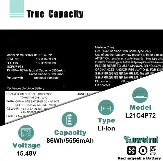 Alt view image 3 of 5 - BOWEIRUI L21C4P72 Laptop Battery for Thinkpad T14 gen3 2022 T14s gen2 2021 T14s Gen3 Series 5B10W51872 L21C4P72 L21M4P72 SB10W51973 SB11B44632