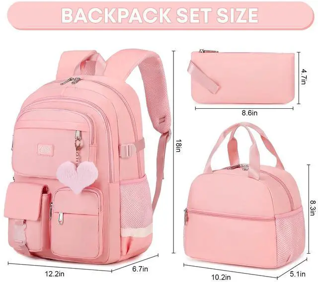 Alt view image 3 of 5 - qodbopack 3PCS School Backpack For Student Women College Middle High Teen Girls Bookbag Waterproof Laptop Bag Pink