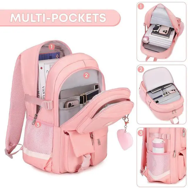 Alt view image 4 of 5 - qodbopack 3PCS School Backpack For Student Women College Middle High Teen Girls Bookbag Waterproof Laptop Bag Pink