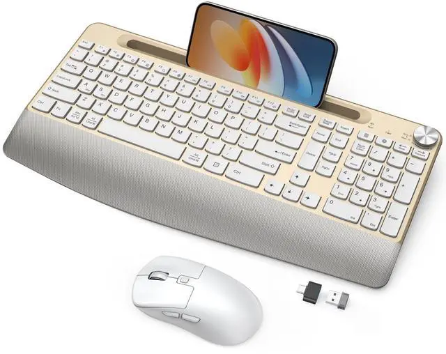 Main image of GAMCATZ Ergonomic Wireless Keyboard and Mouse with Wrist RestPhone Holder - 2.4GHz Full-Sized Low-Profile Quiet Gold Wireless Mouse and Keyboard Combo for Computer, Laptop, PC, Mac-Gold