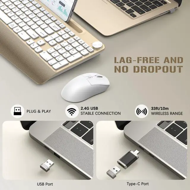 Alt view image 5 of 5 - GAMCATZ Ergonomic Wireless Keyboard and Mouse with Wrist RestPhone Holder - 2.4GHz Full-Sized Low-Profile Quiet Gold Wireless Mouse and Keyboard Combo for Computer, Laptop, PC, Mac-Gold