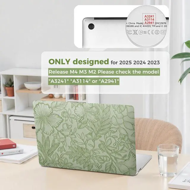 Alt view image 2 of 5 - iCasso Compatible with MacBook Air 15 inch Case 2025 2024 2023 Release M4 A3241 M3 A3114 M2 A2941, Anti-Scratch Protective Plastic Hard Shell Case+Keyboard Cover for Mac Air 15, Green Embossed Floral