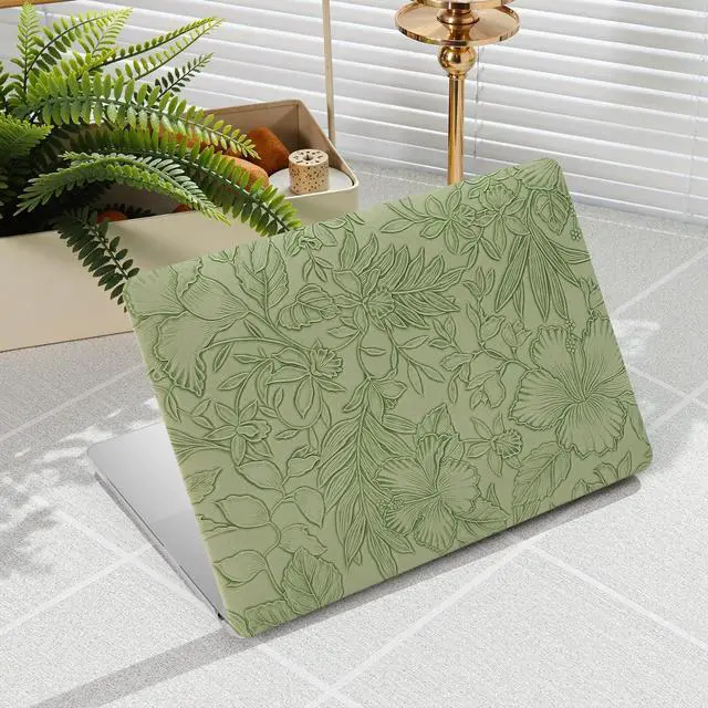 Main image of iCasso Compatible with MacBook Air 15 inch Case 2025 2024 2023 Release M4 A3241 M3 A3114 M2 A2941, Anti-Scratch Protective Plastic Hard Shell Case+Keyboard Cover for Mac Air 15, Green Embossed Floral
