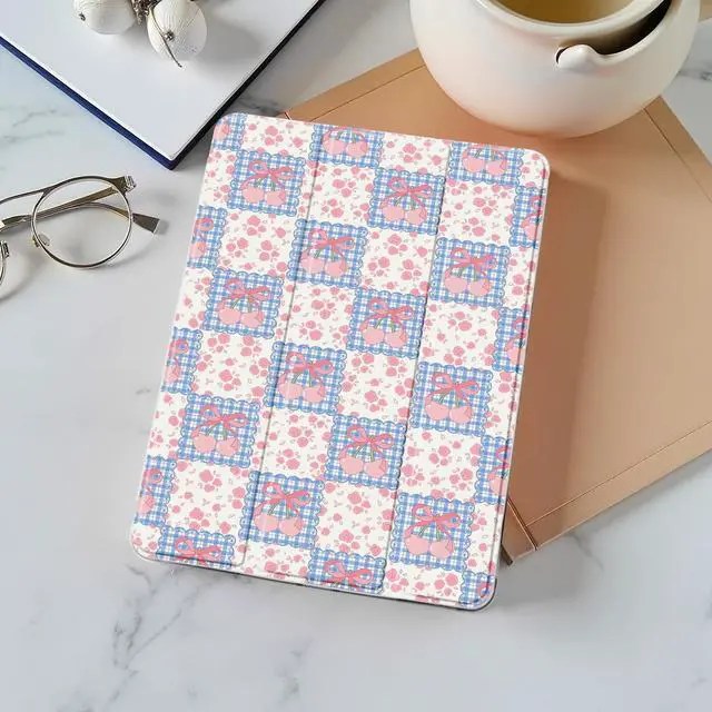 Alt view image 2 of 5 - Idocolors Cute Kawaii Grid Pink Cherry Pad Case for 11 Inch iPad Air(2024), Clear TPU Smart Stand Back Cover with Pencil Holder, Auto Wake/Sleep Foldable Shockproof Protective Case for Women Girls