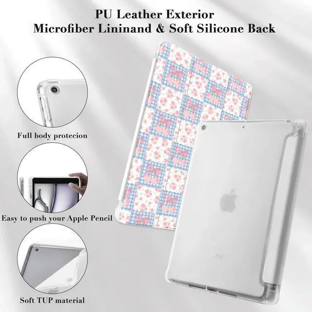 Alt view image 5 of 5 - Idocolors Cute Kawaii Grid Pink Cherry Pad Case for 11 Inch iPad Air(2024), Clear TPU Smart Stand Back Cover with Pencil Holder, Auto Wake/Sleep Foldable Shockproof Protective Case for Women Girls