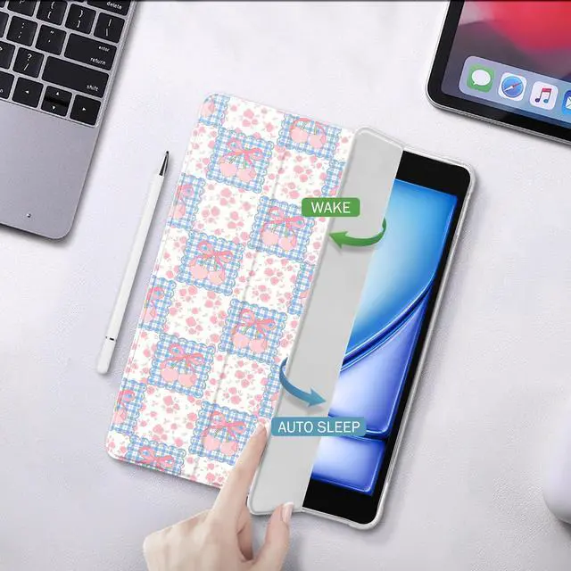 Alt view image 4 of 5 - Idocolors Cute Kawaii Grid Pink Cherry Pad Case for 11 Inch iPad Air(2024), Clear TPU Smart Stand Back Cover with Pencil Holder, Auto Wake/Sleep Foldable Shockproof Protective Case for Women Girls