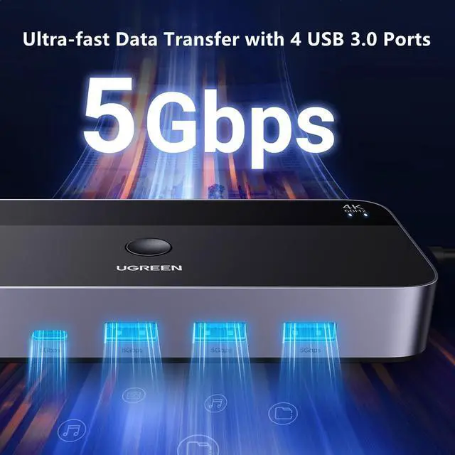 Alt view image 4 of 5 - UGREEN HDMI KVM Switch 1 Monitor 2 Computers, with 4 USB 3.0 Ports 4K@60Hz KVM Switches for 2 Computers Sharing One Monitor Keyboard Mouse Printer with 2 HDMI Cables, 2 USB Cables, Controller