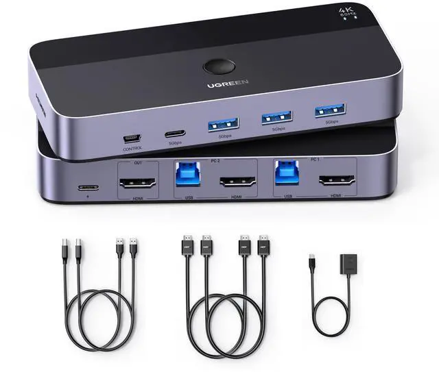Main image of UGREEN HDMI KVM Switch 1 Monitor 2 Computers, with 4 USB 3.0 Ports 4K@60Hz KVM Switches for 2 Computers Sharing One Monitor Keyboard Mouse Printer with 2 HDMI Cables, 2 USB Cables, Controller