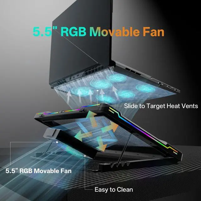 Alt view image 2 of 5 - DEPGI Movable RGB Laptop Cooler with 5.5" Sliding Fan, Ergonomic Cooling Stand with 8 Light Modes for 14-17.3 Inch Gaming Laptops