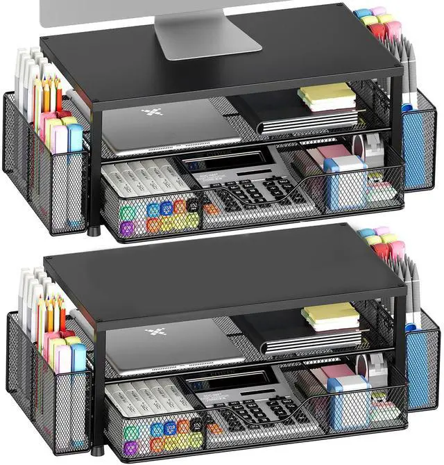 Main image of OPNICE Desk Organizer and Accessories, 2-Tier Computer Monitor Stand Riser with Drawer and 2 Pen Holders, Laptop Stand, Office Desk Accessories for Office Supplies, Black 2-Pack