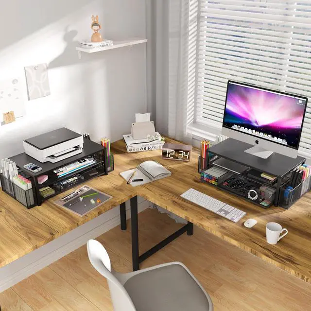 Alt view image 2 of 5 - OPNICE Desk Organizer and Accessories, 2-Tier Computer Monitor Stand Riser with Drawer and 2 Pen Holders, Laptop Stand, Office Desk Accessories for Office Supplies, Black 2-Pack