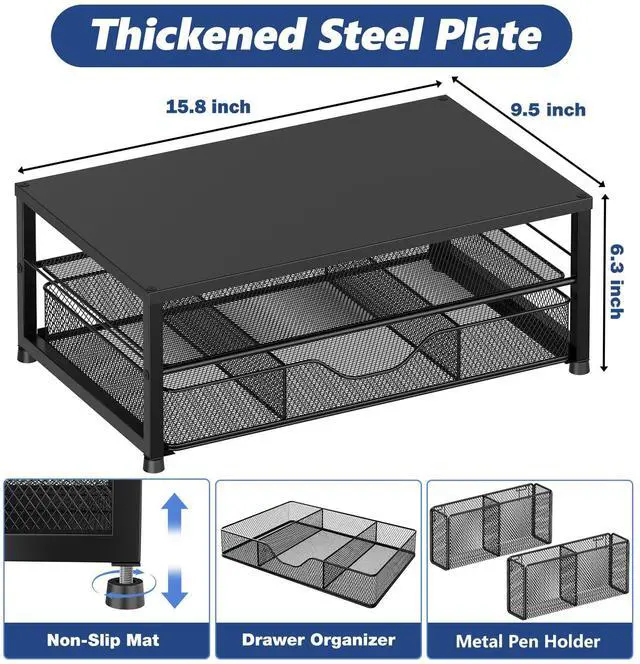 Alt view image 3 of 5 - OPNICE Desk Organizer and Accessories, 2-Tier Computer Monitor Stand Riser with Drawer and 2 Pen Holders, Laptop Stand, Office Desk Accessories for Office Supplies, Black 2-Pack