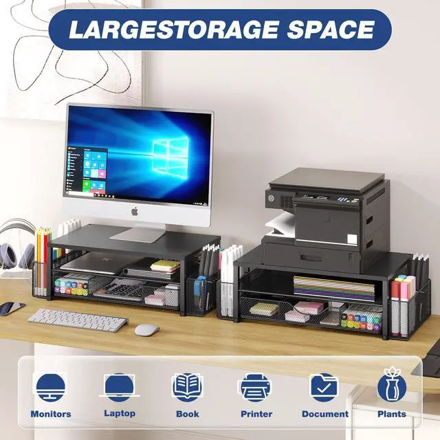 Alt view image 5 of 5 - OPNICE Desk Organizer and Accessories, 2-Tier Computer Monitor Stand Riser with Drawer and 2 Pen Holders, Laptop Stand, Office Desk Accessories for Office Supplies, Black 2-Pack