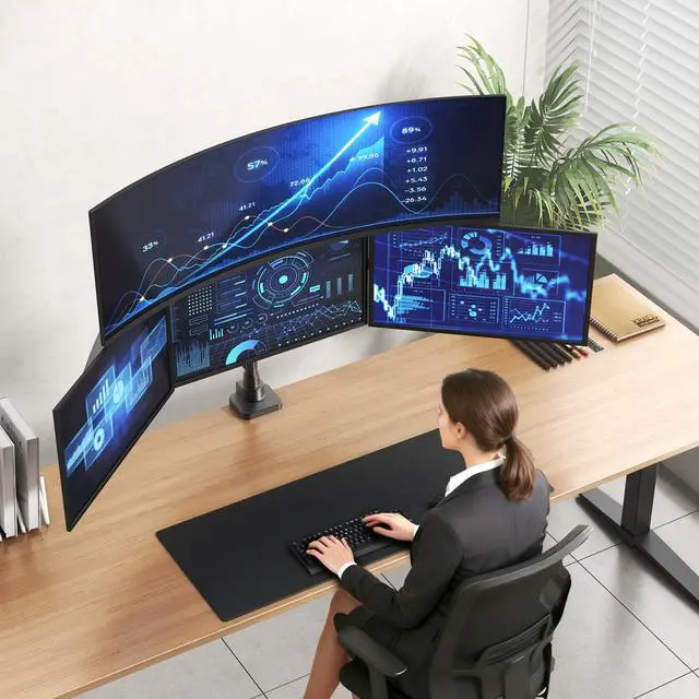 Alt view image 2 of 5 - PUTORSEN Quad Monitor Mount for up to 49 Ultrawide on Top Bracket and 27 Screens on Lower Brackets, Holds up to 44lbs, Quad Monitor Stand with Gas Spring, C-Clamp & Grommet Base