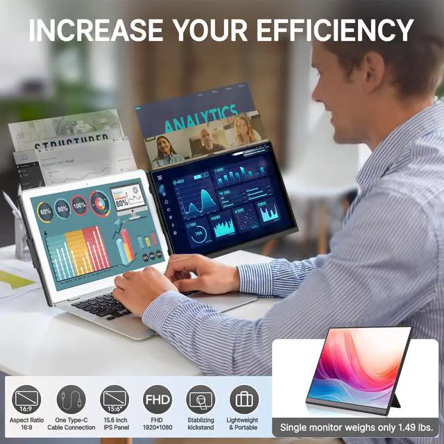 Alt view image 2 of 5 - Redalf Laptop Screen Extender, 15.6" FHD 1080P Portable Monitor for Laptop, Detachable and Plug-Play Travel Monitor for 13-17.3" Laptops,Compatible for Mac/Wins/Dex/Chrome