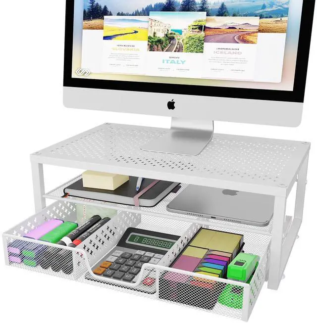 Main image of Simple Trending Metal Monitor Stand Riser and Computer Desk Organizer with Drawer for Laptop, Computer, iMac, White