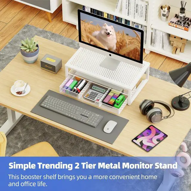 Alt view image 4 of 5 - Simple Trending Metal Monitor Stand Riser and Computer Desk Organizer with Drawer for Laptop, Computer, iMac, White