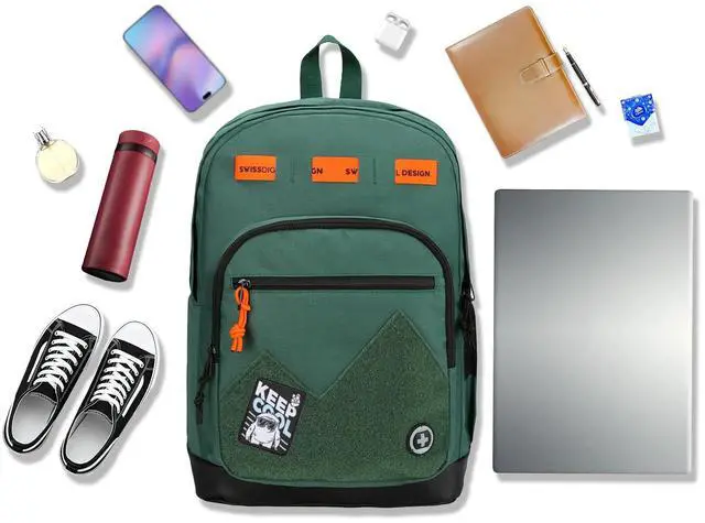 Alt view image 3 of 5 - Swissdigital Design Cool Backpack, Stylish School Laptop Backpack with Fun Personalized Patches Fits 16 Inch Notebook, Travel Bag Pefect for Boys & Girls, Forest Green| BERIKON - Includes 3 Patches