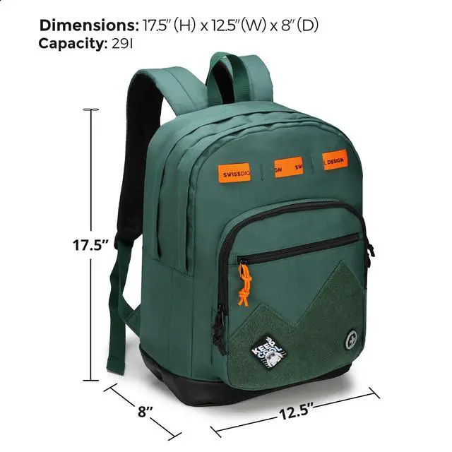 Alt view image 4 of 5 - Swissdigital Design Cool Backpack, Stylish School Laptop Backpack with Fun Personalized Patches Fits 16 Inch Notebook, Travel Bag Pefect for Boys & Girls, Forest Green| BERIKON - Includes 3 Patches