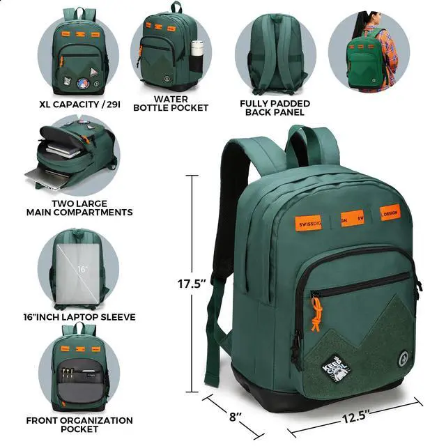 Alt view image 5 of 5 - Swissdigital Design Cool Backpack, Stylish School Laptop Backpack with Fun Personalized Patches Fits 16 Inch Notebook, Travel Bag Pefect for Boys & Girls, Forest Green| BERIKON - Includes 3 Patches