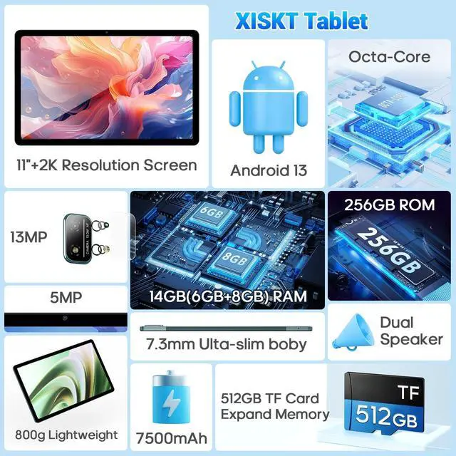 Alt view image 4 of 5 - xiskt Android 13 Tablet 11 inch Computer Tablets, Octa-Core Processor with 6+8GB RAM and 256GB ROM Storage, 2K IPS Touchscreen, WiFi, 18W Type-C Fast Charging, 7500mAh 13MP + 5MP Camera