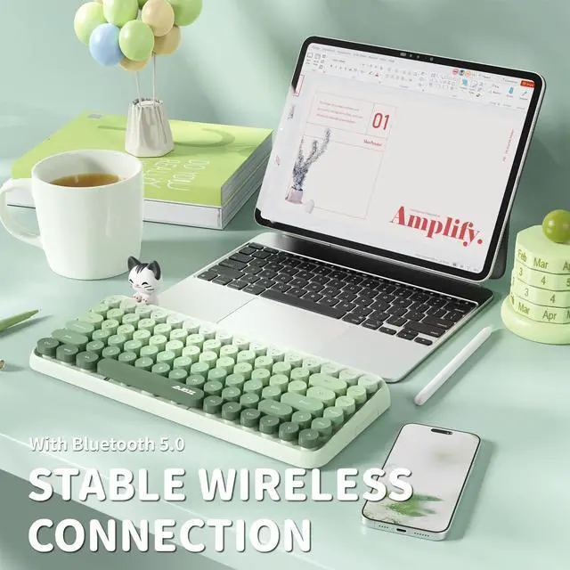 Alt view image 3 of 5 - FELICON 308i Wireless Bluetooth Keyboard, Retro Typewriter Design with Gradient Colorful Round Keycaps and Cute Magnetic Cat Doll, 84 Keys, Multi Device Keyboard for iPad/Laptop/PC/Win/Mac(Green)
