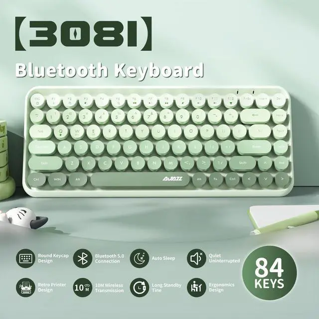 Alt view image 2 of 5 - FELICON 308i Wireless Bluetooth Keyboard, Retro Typewriter Design with Gradient Colorful Round Keycaps and Cute Magnetic Cat Doll, 84 Keys, Multi Device Keyboard for iPad/Laptop/PC/Win/Mac(Green)