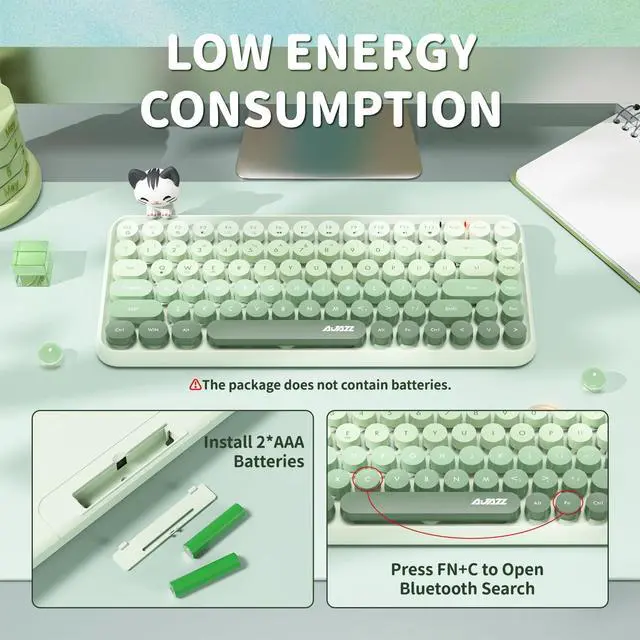 Alt view image 5 of 5 - FELICON 308i Wireless Bluetooth Keyboard, Retro Typewriter Design with Gradient Colorful Round Keycaps and Cute Magnetic Cat Doll, 84 Keys, Multi Device Keyboard for iPad/Laptop/PC/Win/Mac(Green)