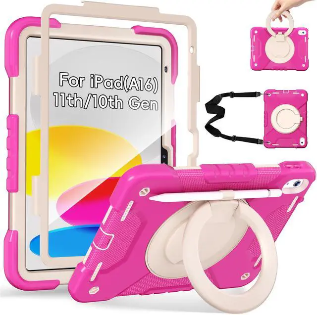 Main image of Andnary Case for iPad (A16) 11th Generation 11 inch 2025/10th Generation 10.9 inch 2022, Shockproof Cover with 360° Rotate Handle/Screen Protector/Bracket/Pen Holder/Shoulder Strap (Rose Red+White)