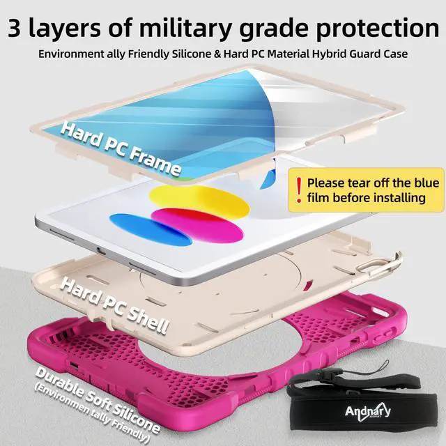 Alt view image 3 of 5 - Andnary Case for iPad (A16) 11th Generation 11 inch 2025/10th Generation 10.9 inch 2022, Shockproof Cover with 360° Rotate Handle/Screen Protector/Bracket/Pen Holder/Shoulder Strap (Rose Red+White)