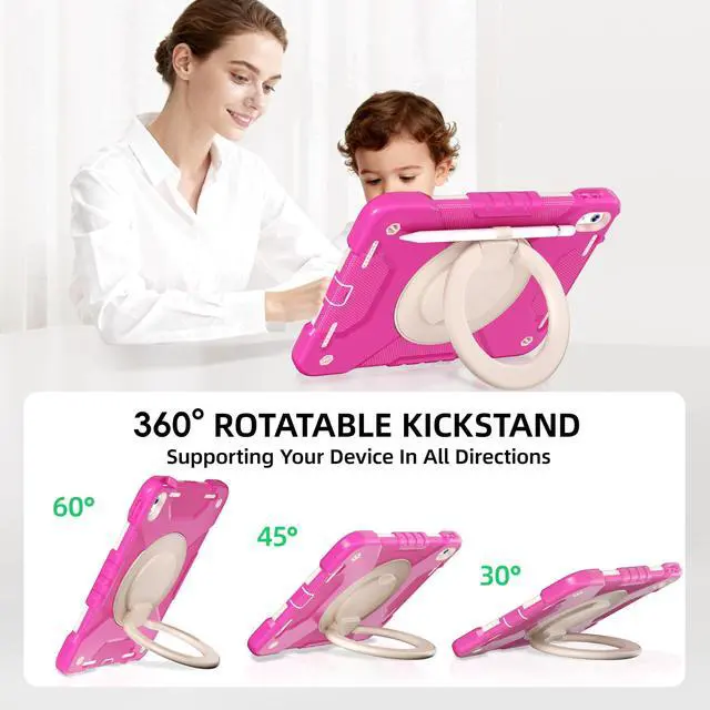 Alt view image 4 of 5 - Andnary Case for iPad (A16) 11th Generation 11 inch 2025/10th Generation 10.9 inch 2022, Shockproof Cover with 360° Rotate Handle/Screen Protector/Bracket/Pen Holder/Shoulder Strap (Rose Red+White)