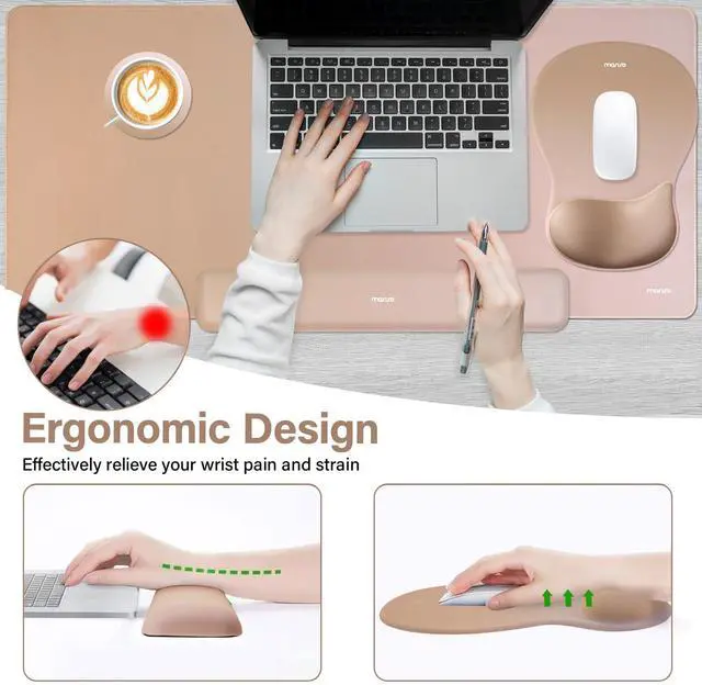 Alt view image 3 of 5 - MOSISO Keyboard Mouse Pad Set, Large Gaming Mouse Pad&Keyboard&Mousepad Wrist Rest&Coaster, Ergonomic Non-Slip Mousepad Easy Typing Cushion with Curved Concave Memory Foam for Home Office, Brown