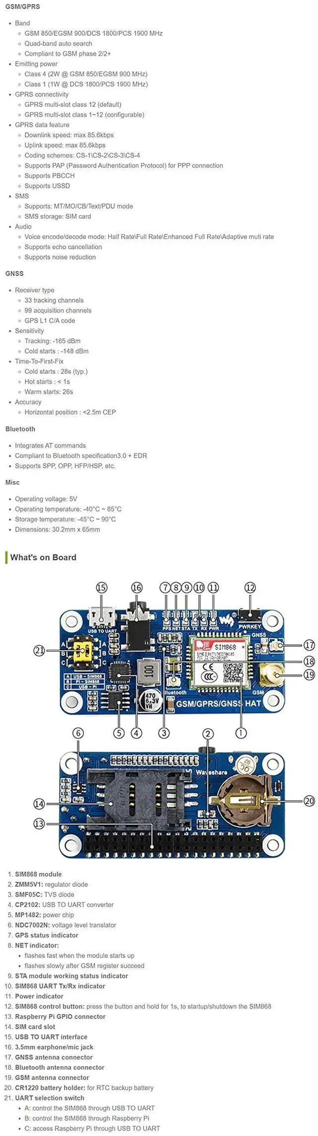 Alt view image 5 of 5 - Coolwell Raspberry Pi GSM HAT GSM/GPRS/GNSS/Bluetooth Module for Raspberry Pi 4B+ 4B 3B+ 3B 2B+ Zero W WH Based on SIM868 Supports SMS, Phone Call, Email, etc