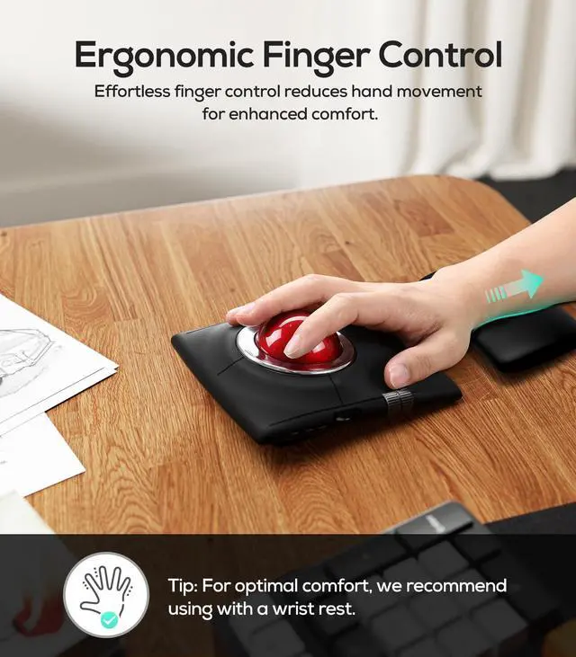 Alt view image 3 of 5 - Nulea M512 Wireless Trackball Mouse, Ergonomic 55mm Trackball, Adjustable DPI for Precise Control, Left or Right Hand Compatible, Rechargeable, Multi-Device Bluetooth & 2.4GHz for PC, Laptop, Mac