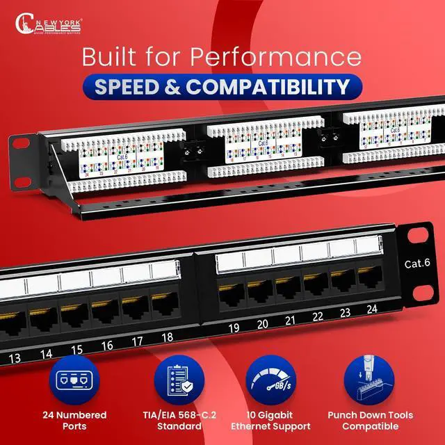 Alt view image 2 of 5 - NewYork Cables 24 Port Cat6 Patch Panel  10Gb Ethernet, 1U Rackmount 19-Inch, T568A/B Color-Coded Labels, Unshielded, 110/Krone Compatible, Black
