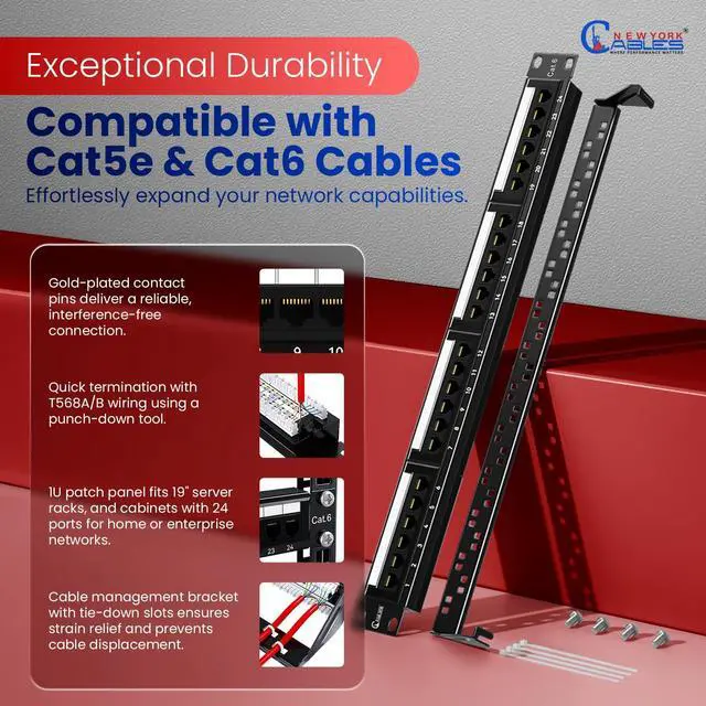 Alt view image 4 of 5 - NewYork Cables 24 Port Cat6 Patch Panel  10Gb Ethernet, 1U Rackmount 19-Inch, T568A/B Color-Coded Labels, Unshielded, 110/Krone Compatible, Black