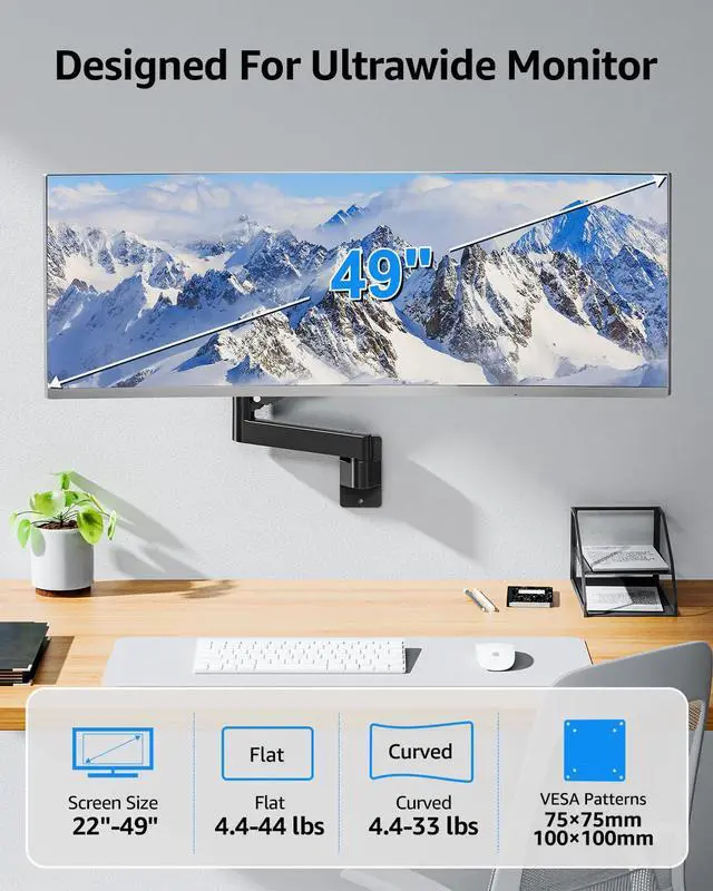 Alt view image 2 of 5 - MOUNTUP Monitor Wall Mount for 49 45 43 40 35 32 27 24 Inch Screens, Heavy Duty Wall Monitor Mount, Holds 4.4 to 44 lbs, Ultrawide Gas Spring Monitors Arm Wall Mount, VESA Mount 75x75/100x100mm