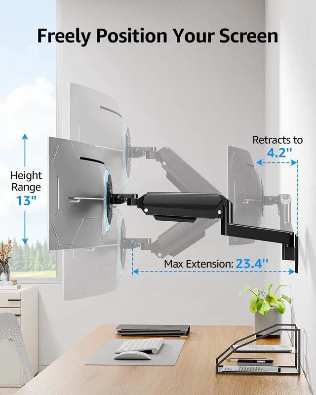 Alt view image 4 of 5 - MOUNTUP Monitor Wall Mount for 49 45 43 40 35 32 27 24 Inch Screens, Heavy Duty Wall Monitor Mount, Holds 4.4 to 44 lbs, Ultrawide Gas Spring Monitors Arm Wall Mount, VESA Mount 75x75/100x100mm