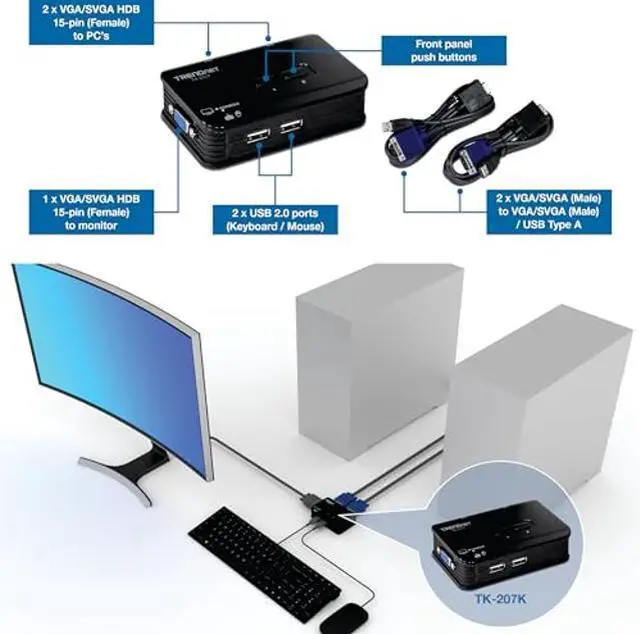 Alt view image 2 of 5 - TRENDnet 2-Port USB KVM Switch, TK-207K, Control Two Computers with One Set of Console Controls, 2048 x 1536 Resolution, 60Hz Refresh Rate, All Required Cabling Included