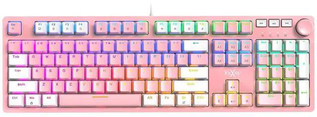 Main image of FOXXRAY HKM-95 Wired Mechanical Gaming Keyboard, Full-Size RGB Backlit with Media Control Knob, Outemu Switches, USB Plug and Play for PC/Mac/Windows - Pink & White (Tactile Brown Switch)