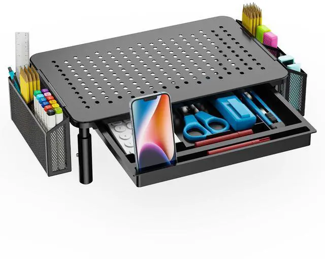 Main image of WALI Computer Monitor Stand with Storage, Desk Organizer with Drawer and Pen Holder, Desk Monitor Riser 3 Height Adjustable, Laptop Riser for Computer, Laptop, Printer (STT003DH-B), 1 Pack, Black