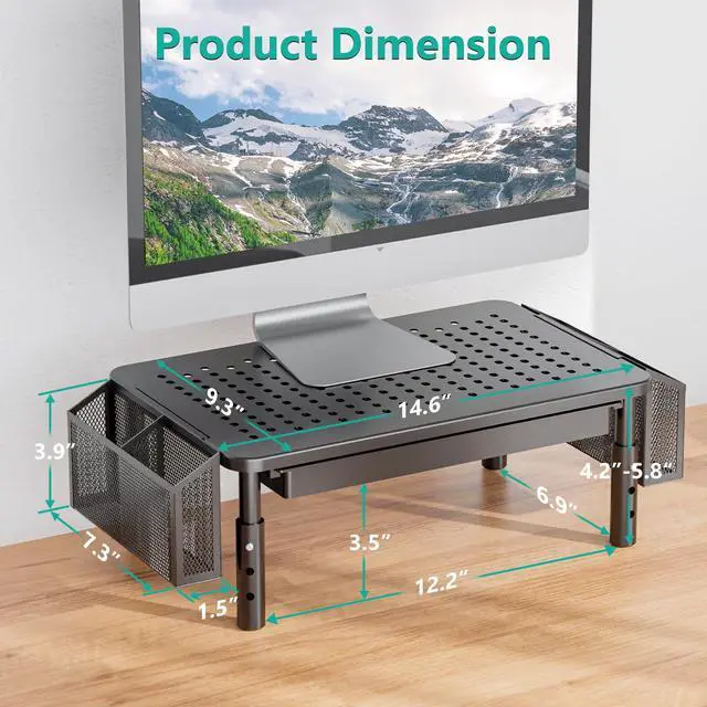 Alt view image 2 of 5 - WALI Computer Monitor Stand with Storage, Desk Organizer with Drawer and Pen Holder, Desk Monitor Riser 3 Height Adjustable, Laptop Riser for Computer, Laptop, Printer (STT003DH-B), 1 Pack, Black