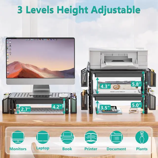 Alt view image 5 of 5 - WALI Computer Monitor Stand with Storage, Desk Organizer with Drawer and Pen Holder, Desk Monitor Riser 3 Height Adjustable, Laptop Riser for Computer, Laptop, Printer (STT003DH-B), 1 Pack, Black